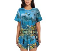 Alliya Ocean Dolphin Looking At You - Pijama de manga corta para mujer, cuello redondo, pantalones cortos de verano, ropa para el hogar, Negro, XL Corto