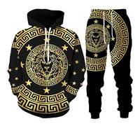 AllMonyba Conjunto de Chándal de Lujo con Estampado Dorado en 3D para Hombre Conjunto Casual de Sudadera con Capucha+Pantalón de 2 Piezas Estilo Barroco Sobredimensionado Ropa Deportiva de Moda