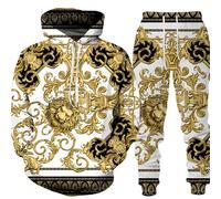 AllMonyba Conjunto de Chándal de Lujo con Estampado Dorado en 3D para Hombre Conjunto Casual de Sudadera con Capucha+Pantalón de 2 Piezas Estilo Barroco Sobredimensionado Ropa Deportiva de Moda