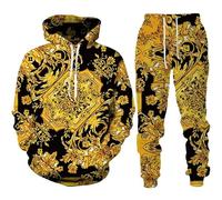 AllMonyba Conjunto de Chándal de Lujo con Estampado Dorado en 3D para Hombre Conjunto Casual de Sudadera con Capucha+Pantalón de 2 Piezas Estilo Barroco Sobredimensionado Ropa Deportiva de Moda