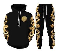 AllMonyba Conjunto de Chándal de Lujo con Estampado Dorado en 3D para Hombre Conjunto Casual de Sudadera con Capucha+Pantalón de 2 Piezas Estilo Barroco Sobredimensionado Ropa Deportiva de Moda