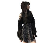 AllMonyba Sudadera con Capucha Sudadera con Capucha Oversize Sin Hombros Hueco Gótico Punk Jersey de Manga Larga para Mujer