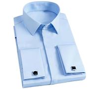 Alloaone Camisa de manga larga con botones y puños franceses para hombre, camisa de esmoquin para boda, camisa de vestido alto con gemelos, azul claro, XL