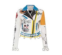 Alloaone Chaqueta De Cuero De Otoño Invierno Para Mujer Prendas De Vestir Exteriores Blancas Punk Con Remaches Abrigos De Locomotora De Piel Sintética Con Estampado De Grafiti White 3XL