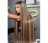 Alloaone Peluca de cabello humano lacio con encaje frontal transparente HD de 34 pulgadas con reflejos rubio miel 27, sin pegamento, para mujeres negras