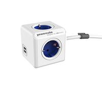 Allocacoc 1406BL/DEEUPC PowerCube DuoUSB Base múltiple Extended Azul, Ladrón múltiple y alargador con 4 enchufes/Tomas de Corriente y 2 de USB en Forma de Cubo (Azul, Color Blanco)