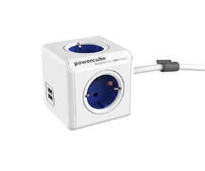 Allocacoc 1406BL/DEEUPC PowerCube DuoUSB Base múltiple Extended Azul, Ladrón múltiple y alargador con 4 enchufes/Tomas de Corriente y 2 de USB en Forma de Cubo (Azul, Color Blanco)
