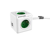 Allocacoc 8718444085577 17258742710323 Ladrón Múltiple con 4 Enchufes y 2 Puertos de USB(21 A) en Forma de Cubo, Cable de 1,5 m, Blanco/Verde