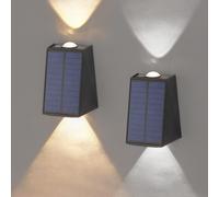 ALLOMN 2 lámparas solares para valla de jardín, lámpara de pared LED con luz blanca cálida + luz blanca fría, resistente al agua, para patio, cubierta, techo, terraza, escalera, garaje, 4451481