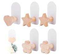 ALLOMN Ganchos de madera para niños, 6 unidades, ganchos de pared autoadhesivos para colgar en la pared, ganchos de pared de madera para ropa, bufanda, toalla, sombrero, abrigo, bolsa, llaves, mochila