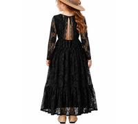 ALLOVIN Vestido Maxi de Encaje de Manga Larga para Niñas Pequeñas - Vestido A-Line Boho para Boda, Bautizo, Primera Comunión | Negro | 8-9 años