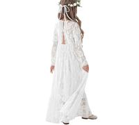 ALLOVIN Vestido Maxi de Encaje de Manga Larga para Niñas Pequeñas - Vestido A-Line Boho para Boda, Bautizo, Primera Comunión | Blanco | 6-7 años