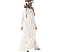 ALLOVIN Vestido Maxi de Encaje de Manga Larga para Niñas Pequeñas - Vestido A-Line Boho para Boda, Bautizo, Primera Comunión | Marfil | 10-11 años