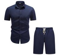 Allthemen Camisa Conjunto Manga Corta Hombre Color Liso Camiseta Botones Casual Trabajo Blusa y Shorts de Lino Playera Marina XS