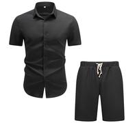 Allthemen Camisa Conjunto Manga Corta Hombre Color Liso Camiseta Botones Casual Trabajo Blusa y Shorts de Lino Playera Negro M