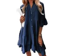 Alltoright Denim Dress, V-Neck Ruffle Trim Summer Dress, Washed Cotton Half-Sleeve, for Everyday Travel, Versatile (Navy Blue,XXL)