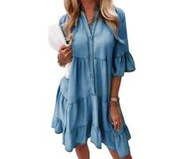 Alltoright Denim Dress, V-Neck Ruffle Trim Summer Dress, Washed Cotton Half-Sleeve, for Everyday Travel, Versatile (Denim Blue,XL)