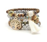 ALLY-MAGIC Pulseras bohemias de cuentas para mujer, pulsera de cuentas de madera multicapa, pulsera de borla con colgante de árbol de la vida, pulseras de declaración de amor Y9-DCCZSL