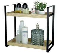 alma home Estantería de pie para el cuarto de baño, sin agujeros, 2 niveles de madera y metal, color negro, como estantería para baño, cosméticos o estantería de madera para tocador