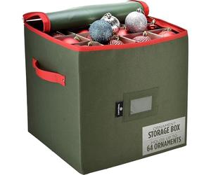 Almacenamiento de adornos de Navidad: almacena hasta 64 adornos navideños, separadores ajustables, parte superior con cremallera, dos asas. Atractiva caja de almacenamiento que mantiene las
