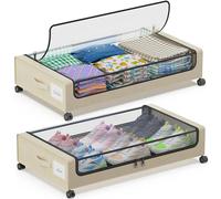 Almacenamiento debajo de la cama con ruedas, paquete de 2 contenedores de almacenamiento debajo de la cama con tapas transparentes, XXL 60L debajo de la cama, cajón de metal rodante para ropa, zapatos