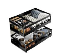 Almacenamiento grande de 2 niveles para debajo del gabinete para cocina, estantes de almacenamiento de gabinete, organizador de gabinete deslizante de acero inoxidable con bandeja de drenaje, cajón de
