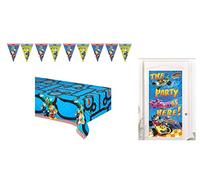ALMACENESADAN 4684, Pack cumpleaños mickey y los superpilotos compuesto por mantel 120x180cm, lineal de 9 banderines y la fiesta es aquí de 150 x 75 cm (8435510346843)
