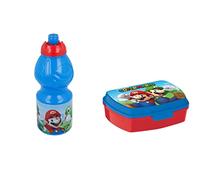 ALMACENESADAN, 4989, Pack vuelta al cole Super Mario; compuesto por Botella sport 400ml y sandwichera rectangular multicolor, productos reutilizables, sin BPA