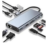 Almalux HUB USB-C 10 en 1, HDMI 4K, VGA, USB 3.0, Ethernet RJ45, Lector SD, Compatible con MacBook Pro/Air y Chromebook, Aluminio