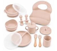 Almar Baby Set de Alimentación en color Beige para Bebé de Silicona - Vajilla Infantil Antideslizante con Plato, Bol, Vaso, Babero y Cubiertos, Set BLW para Bebés, Libre de BPA
