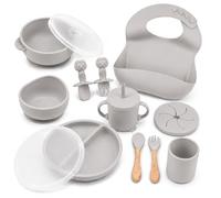 Almar Baby Set de Alimentación en color Gris para Bebé de Silicona - Vajilla Infantil Antideslizante con Plato, Bol, Vaso, Babero y Cubiertos, Set BLW para Bebés, Libre de BPA