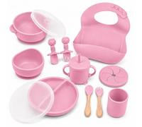 Almar Baby Set de Alimentación para Bebé de Silicona - Vajilla Infantil Antideslizante con Plato, Bol, Vaso, Babero y Cubiertos, Set BLW para Bebés, Libre de BPA (Rosa)