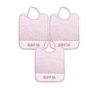 ALMATEX SRL 3 baberos personalizados con nombre tamaño maxi 29 x 36 cm de rizo con elástico y bolsillo recogemigas personalizado con nombre - 100 % algodón - Made in Italy, Rosa