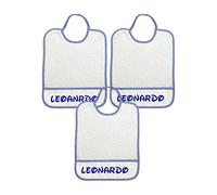 ALMATEX SRL 3 baberos personalizados con nombre tamaño maxi 29 x 36 cm de rizo con elástico y bolsillo recogemigas personalizado con nombre - 100 % algodón - Made in Italy, blanco y azul