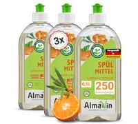 AlmaWin® Detergente ecológico para lavavajillas [3 x 500 ml] con espino amarillo y aroma a mandarina - Potente detergente líquido para lavavajillas con alto poder desengrasante, jabón vegano para