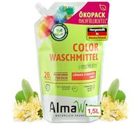 AlmaWin® Detergente líquido de color, 1,5 l, 20 cargas, aroma de flor de tilo para una pureza radiante, detergente orgánico para 30 - 60 °, detergente líquido vegano en paquete ecológico
