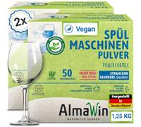 AlmaWin® Polvo para lavavajillas [2 x 1,25 kg - 100 aplicaciones], fórmula potente, vegano, polvo para lavavajillas contra la grasa y los residuos de alimentos, vajilla limpia y radiante, sin fosfatos