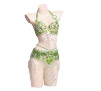ALMLEU Belly Dancer Top Conjunto de Ropa de Baile for Mujer, Traje de Danza del Vientre con Cuentas largas, Sujetador y cinturón(Green,XL)