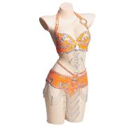 ALMLEU Belly Dancer Top Conjunto de Ropa de Baile for Mujer, Traje de Danza del Vientre con Cuentas largas, Sujetador y cinturón(Color 3,L)