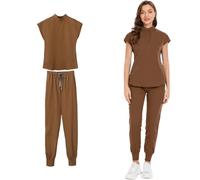 ALMLEU Uniforme Sanitario Mujer Women Jogger Sets Pair Multicolour Suits Uniforms Short Sleeve V-Neck Tops Pocket Pants Set(Dark Brown,L)