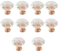 ALMLNLL Manijas para gabinetes, Tiradores de cajón Cristal 30mm, Base Oro Rosa, perillas gabinete Vidrio Diamante, Tiradores en Forma Bola un Solo Orificio