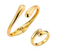 ALMLWIAJ Juego de anillos gruesos dorados para mujer, anillo grueso de gota de agua y brazalete abierto con banda curva ancha y suave, 2 piezas de joyería de moda en tono dorado, regalo para mujeres