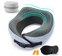 Almohada Avion Cojin Cuello Viaje Fabricado con 100% Espuma Viscoelástica, Reposacabezas Coche Compacta y Ajustable, Accesorios útiles Para Viajes, Oficina, Viene con Caja de Almacenamiento (Azul)