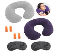 Almohada Cervical Hinchable en Forma de U para Viaje, 2 Unidades con Tapones para los Oídos y Máscara para los Ojos, Cojín Inflable Portátil para Relajarse en Oficina, Avión, Coche y Tren