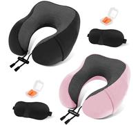 Almohada de Viaje Cuello, 2 Cojin Cervical para Avión Oficina Avión Tren Coche Viajando, Ajustable Almohada Cuello Viscoelastica de Espuma Memoria, con Máscara de Ojos, Tapones y Bolsa (Negro&Rosa)