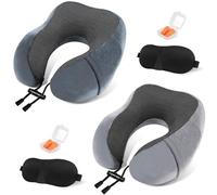 Almohada de Viaje Cuello, 2 Cojin Cervical para Avión Oficina Tren Coche Viajando, Ajustable Almohada Cuello Viscoelastica de Espuma Memoria, con Máscara de Ojos, Tapones y Bolsa(Gris oscuro y claro)