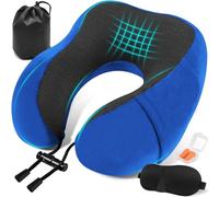 Almohada de Viaje Cuello, Cojin Cervical para Avión Oficina Avión Tren Coche Viajando, Ajustable Almohada Cuello Viscoelastica de Espuma Memoria, con Máscara de Ojos, Tapones y Bolsa (Azul)