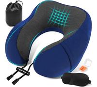 Almohada de Viaje Cuello, Cojin Cervical para Avión Oficina Tren Coche Viajando, Ajustable Comfy Almohada Cuello Viscoelastica de Espuma Memoria, con Máscara de Ojos, Tapones y Bolsa (Azul marino)
