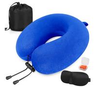 Almohada de Viaje para Cuello, Almohada de Viaje Viscoelástica de Espuma, Almohada Cervical para Oficina Avión Tren Coche Viajando, Cojin de Viaje Cuello con Máscara de Ojos, Tapones y Bolsa (Azul)