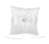 Almohada portadora de anillos de boda de 6 x 6 pulgadas, cojín de ceremonia blanco con decoración de diamantes de imitación y soporte de anillo de cinta de seda para propuesta de boda